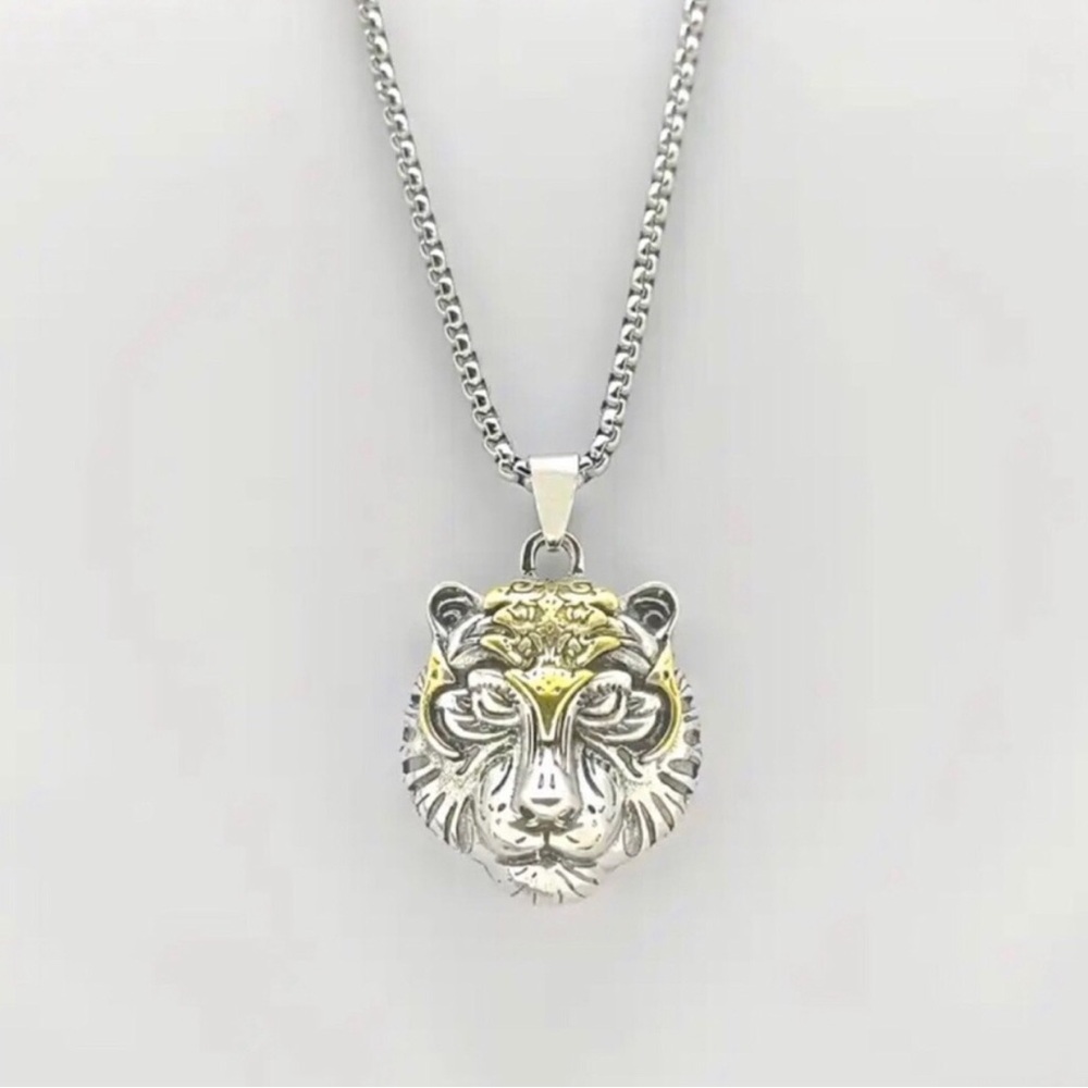 Silver and Gold Tiger Head Pendant Necklace